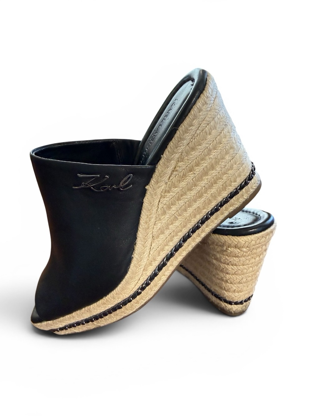 Karl Lagerfeld Black Leather Espadrille Wedge Mules
